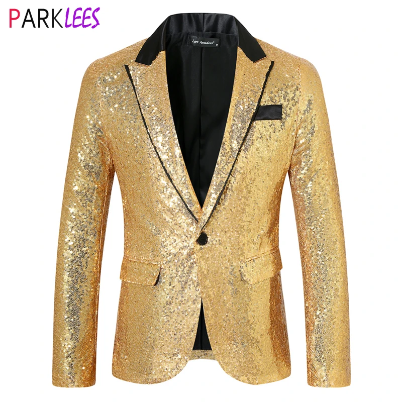 Shiny Gold Sequin Party Blazer for Men 2024 New One Button Peak Lapel Suit Jacket Mens Stage Party Prom Show Costume Homme XXL