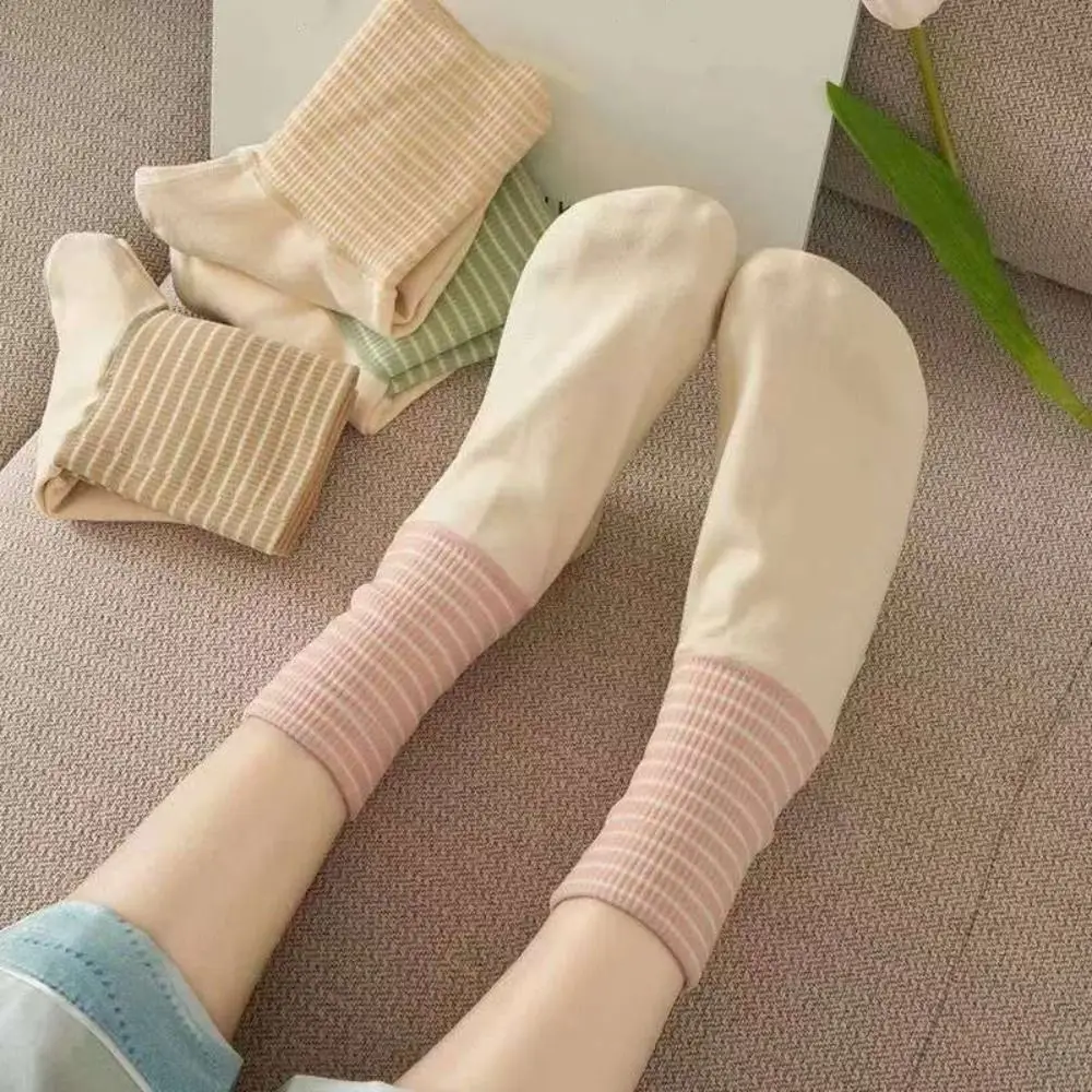 

4Pairs Patchwork Air Conditioning Sleep Socks Anti-slip Thicken Cartoon Stripe Socks Female Hosiery Breathable Middle Tube Socks