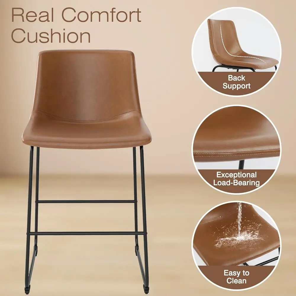 Counter Height Leather Bar Stools with Metal Legs and Footrest (2pcs, Brown, 26in) view 4