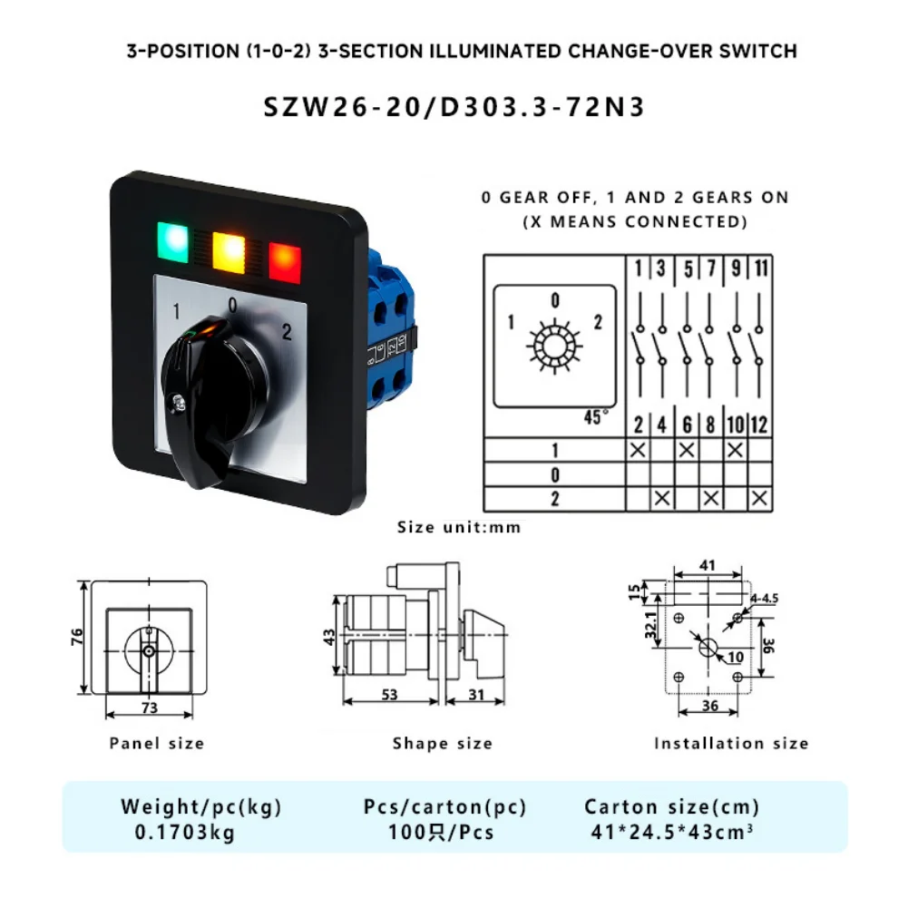 3 Position Cam Rotary Switch SZW26 20A 3 Section Illuminated AC440V DC240V for Industrial Automation and OEM Panels