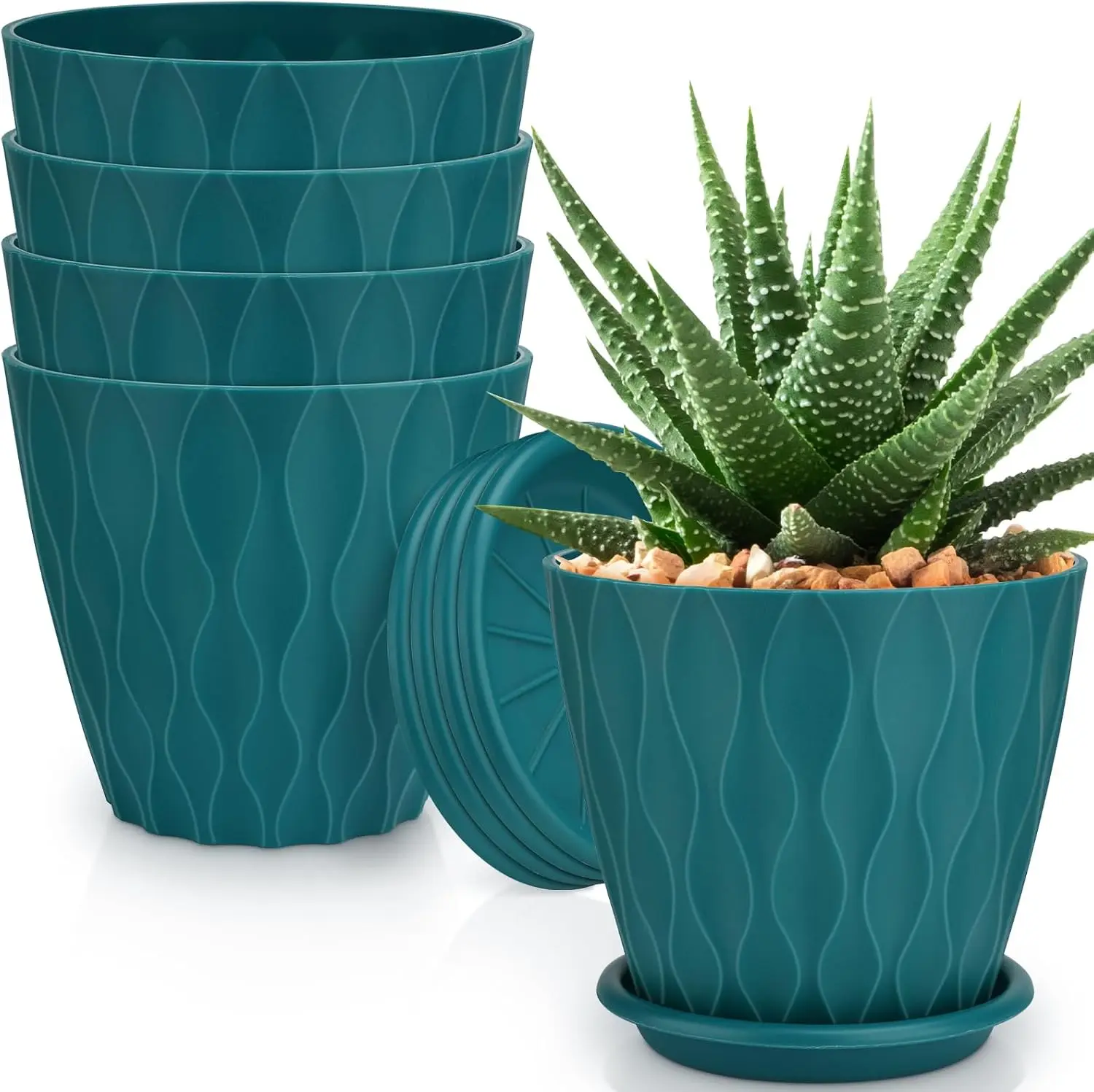 

6 Inch Plant Pots with Drainage Holes and Saucers, 5-Pack Blue Flower Pots for Indoor Outdoor Plants