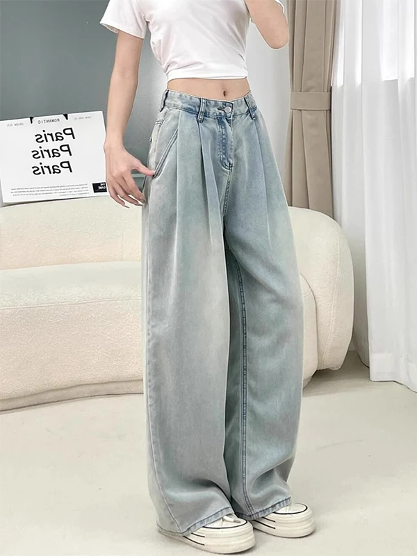  Jeans mit geradem Bein für Damen, Herbst und Winter, dünn, große Größe, lockere Hose mit weitem Bein, hohe Taille, schlankmachende, drapierte Eisseidenjeans