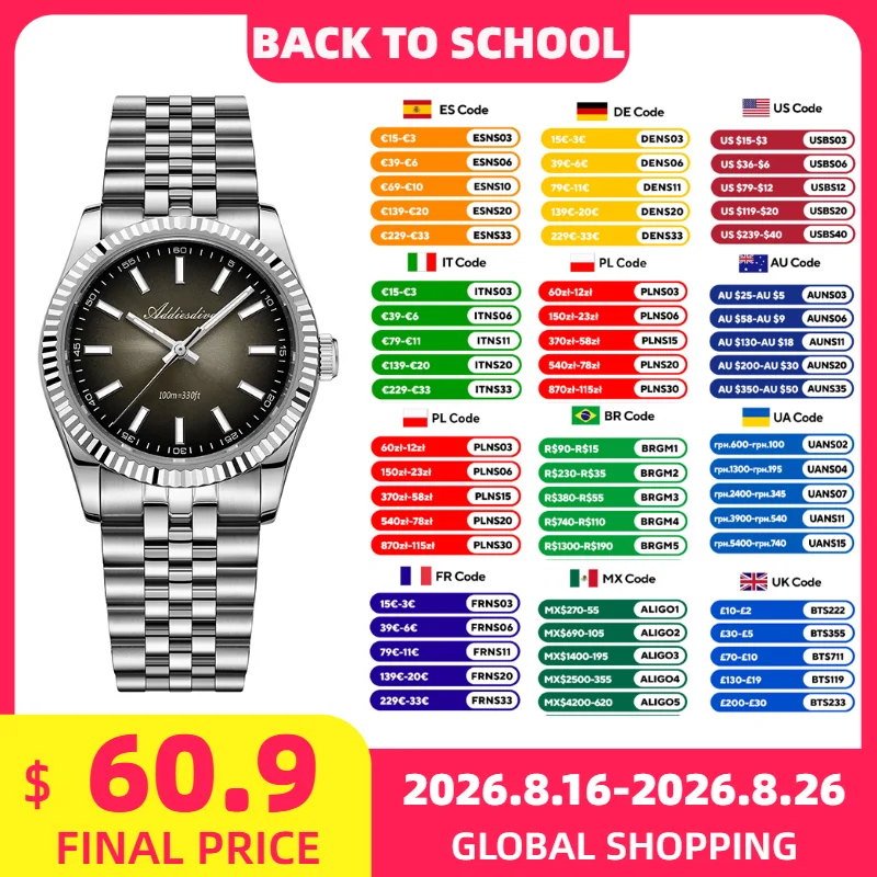 ADDIESDIVE Quartz Women's Wristwatch Japan VH31 Stainless Steel 100m Waterproof Sapphire Glass Luminous Business Woman Watch