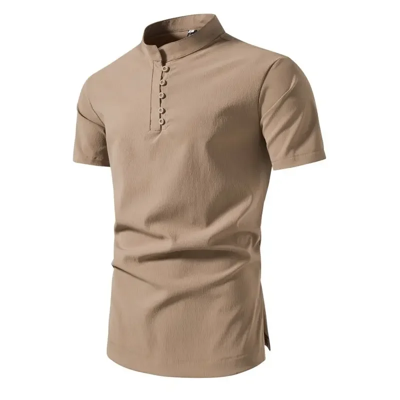 Été Solide Document Col Montant Chemises Hommes À Manches Courtes Décontracté Y-Mode Slim Fit Hommes Blanc Pull Chemise Plus La Taille M-5XL