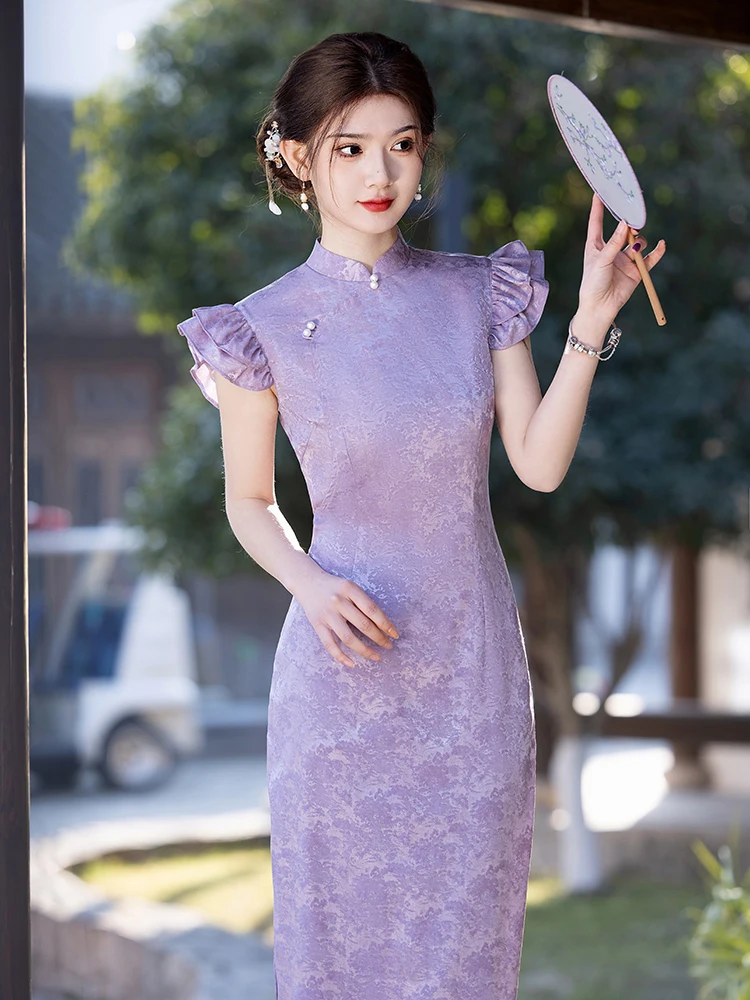 New Purple Chinese Sle Dr Young Svel Women's Faion Daily Ele Long Slanting Lape…