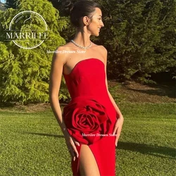 Marrilee Elegant Red Mermaid 3D Flower High Side Slit Stain Evening Dresses Strapless Sleeveless Ankle Length Lace Up Prom Gowns