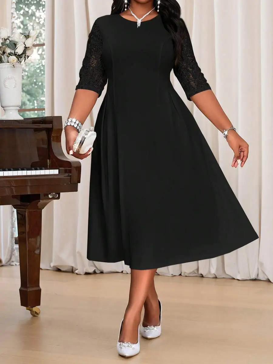 

Plus Size Black Solid Lace Sleeve Round Neck A-Line Elegant Party Dress