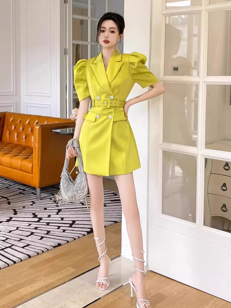 夏エレガントな女性のイブニングショートドレスブレザーフォーマルサテンパフスリーブスリムミニドレスストリート服パーティー Mujer Vestidos