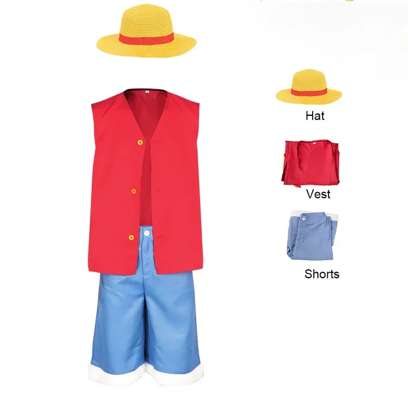 Disfraz de Anime Monkey D Luffy para niños y adultos, chaleco, pantalones cortos, sombrero, trajes para amantes de los fanáticos, Cosplay, Navidad, Halloween, ropa de fiesta