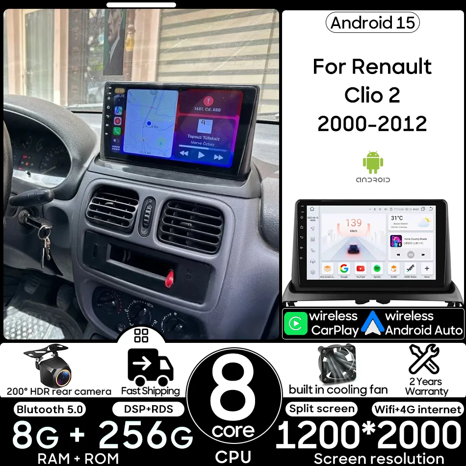

Android 15 для Renault Clio 2 2000-2012 Автомобильный мультимедийный видеоплеер Радио Стерео GPS-навигация Беспроводной CarPlay Auto BT 2din