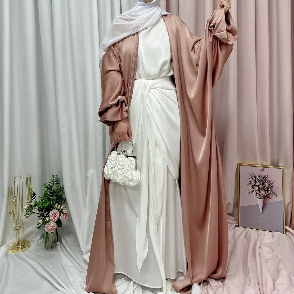 Ramadan Solide Offene Abaya Kimono Dubai Türkei Puff Sleeve Satin Muslimischen Hijab Kleid Abayas für Frauen Marokkanischen Kaftan Islam Kleidung