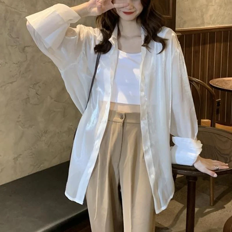 Spring Summer Solid Color Elegant Shirt Women Turn-down Collar Long Sleeve Fashion Button Patchwork Cardigan Korean Style Tops