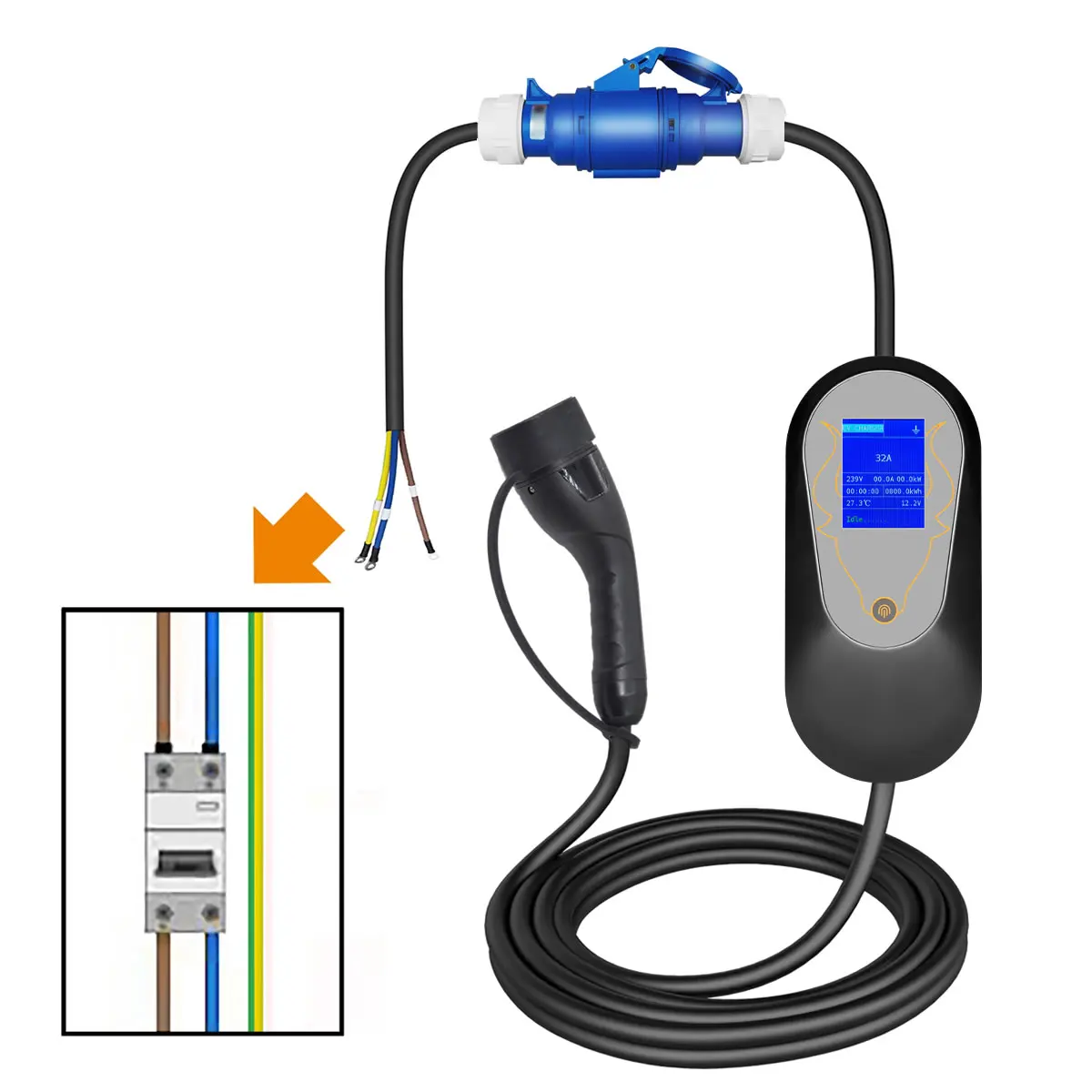 1 Phase 32A 3G 6mm² Blue Female Charging Cable Adapter For 7KW Car Electric Vehicle EV Charger