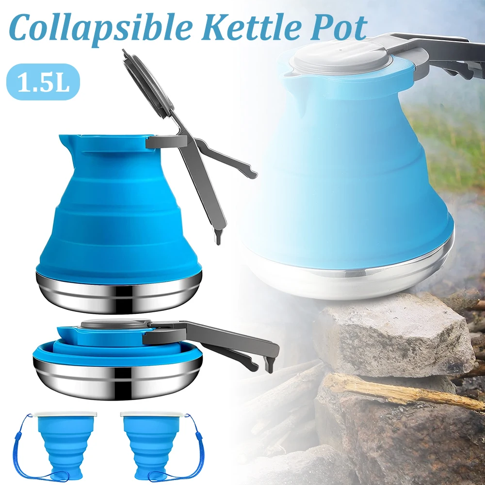 1500ml Collapsible Silicone Kettle Portable Camping Pot with Anti-Scald Handle Stainless Steel Base Foldable Travel Tea Kettle