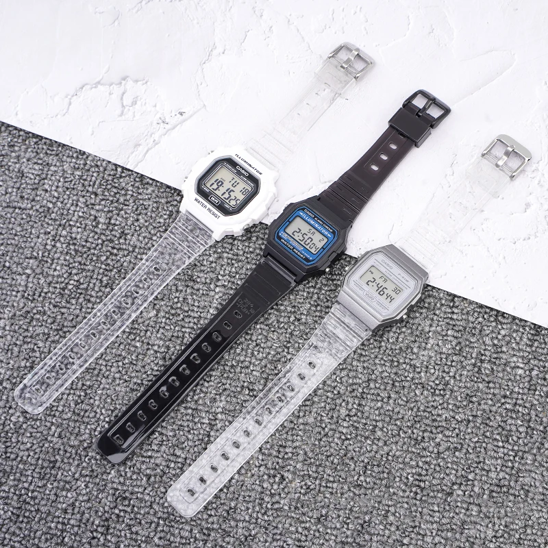 18mm Strap for Casio F-91W/F84/F105/108 A-158/168 AE-1200/1300 Transparent Colorful Silicone TPU Watch Band Bracelet Accessories