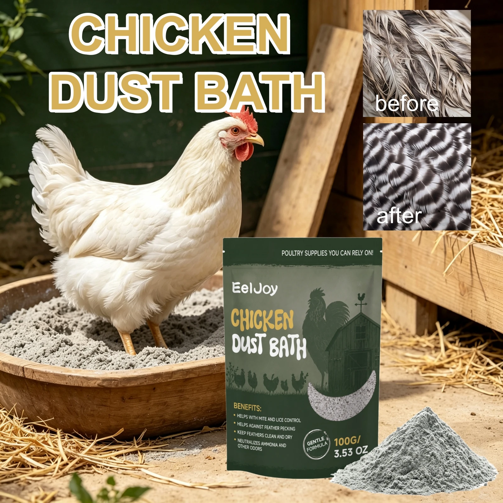 Chicken Dust Bath Powder Mite Lice Control Feather Pecking Stop Clean Dry Ammonia Odor Neutralizer Poultry Backyard Care Daily