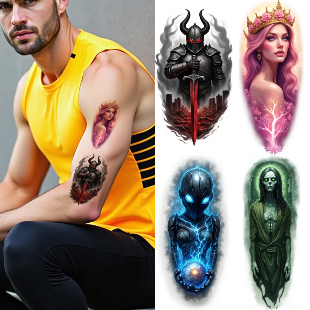 

9 шт., временные татуировки, водонепроницаемые, долговечные наклейки для тела, киборг, лицо, Медуза, женщина, виртуальная реальность, ребенок на бедра, руки