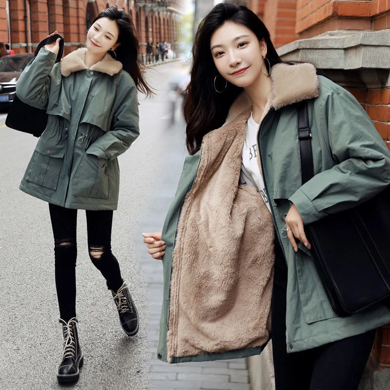 

Plush Winter Parkas Overcoat Cotton Clothes Women's Nice Autumn Winter New Korean Loose Waist Windbreaker Warm Casual Jacket