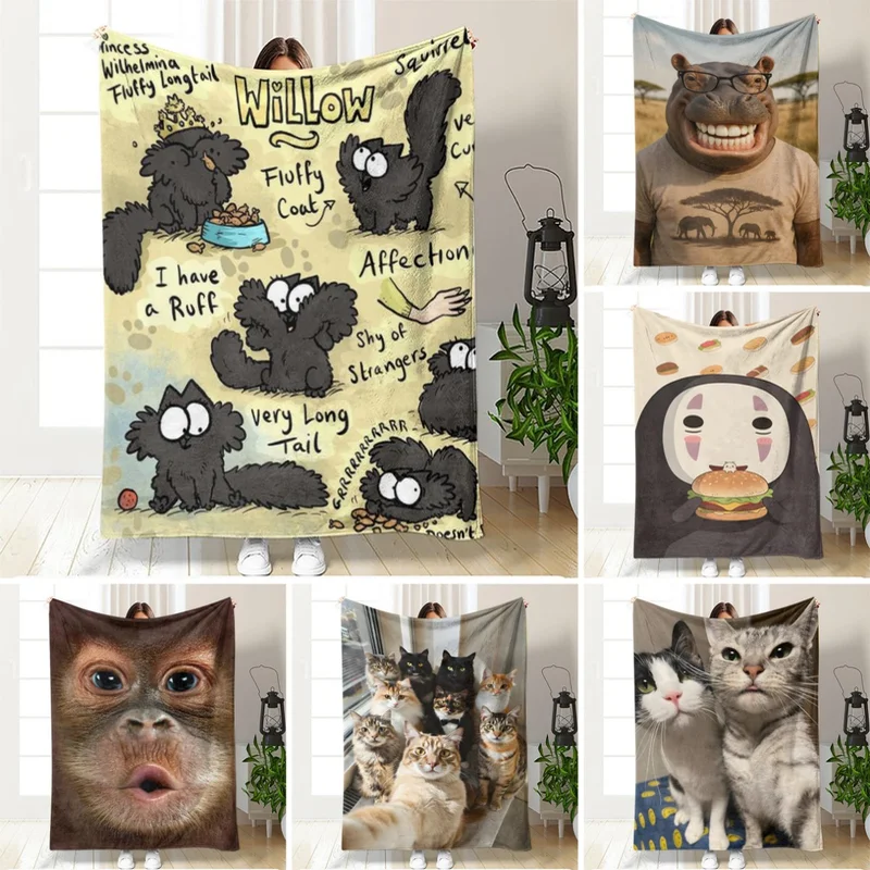 VIKAMA Willow Black Cat Flannel Air Conditioner Throw Blanket Cartoon Doodle Cat Print Soft Warm Sofa Bedroom Decor