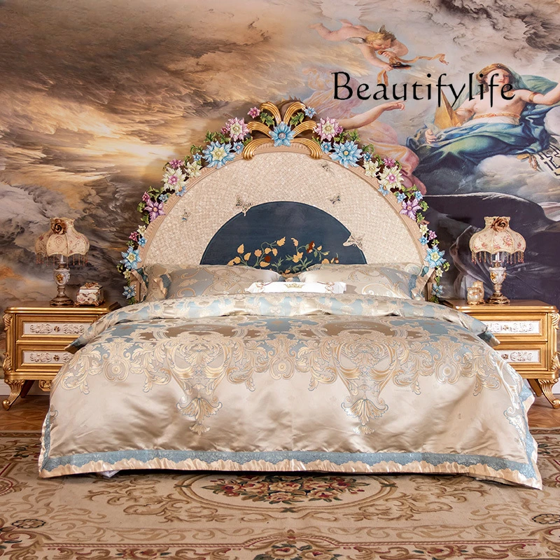 European-style premium double bed inlaid shell painted wood carving flower bedroom queen bed