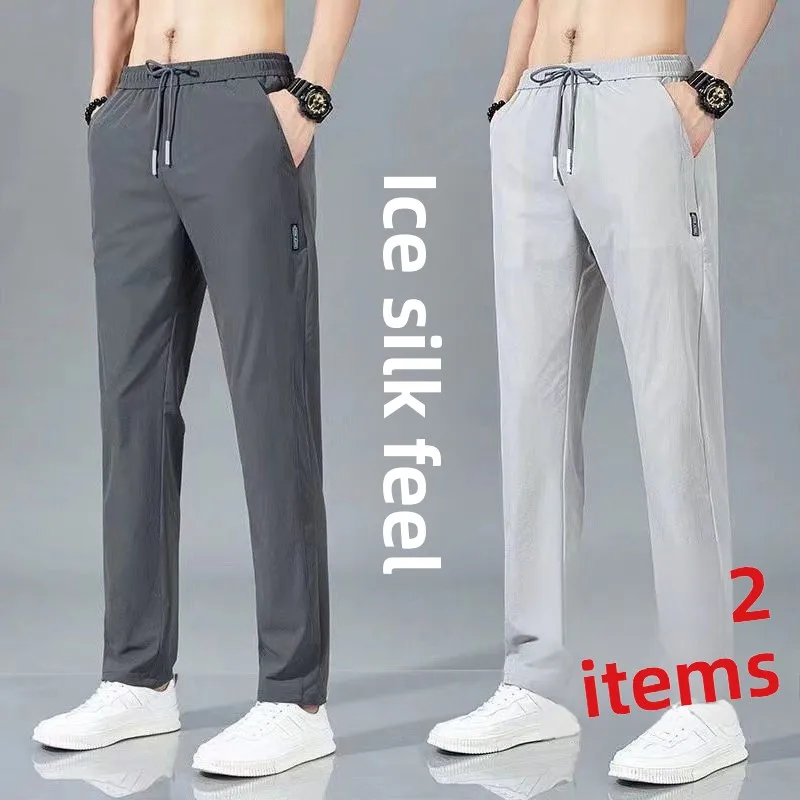 

Ice Silk Straight Leg Men's Casual Pants Breathable Lightweight Summer Trousers Comfortable Elastic Sports Long Trousers