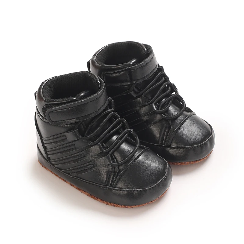 Baby Boys High‑Top Boots Soft Sole First Walkers Shoes Magic Strap PU Leather Non‑Slip Infant Toddler Shoes For 0‑18M Newborn