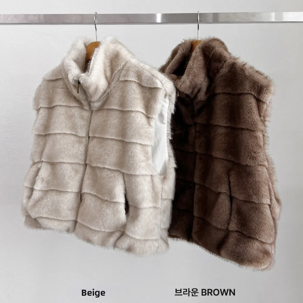 Retro Koreańska Kamizelka z Kołnierzem Stójką i Sztucznym Futrem Damska Jesienno-Zimowa Ciepła Bez Zamek Błyskawicznych Płaszcz Młodzieżowy Dojazdy Do Pracy Cała Skóra