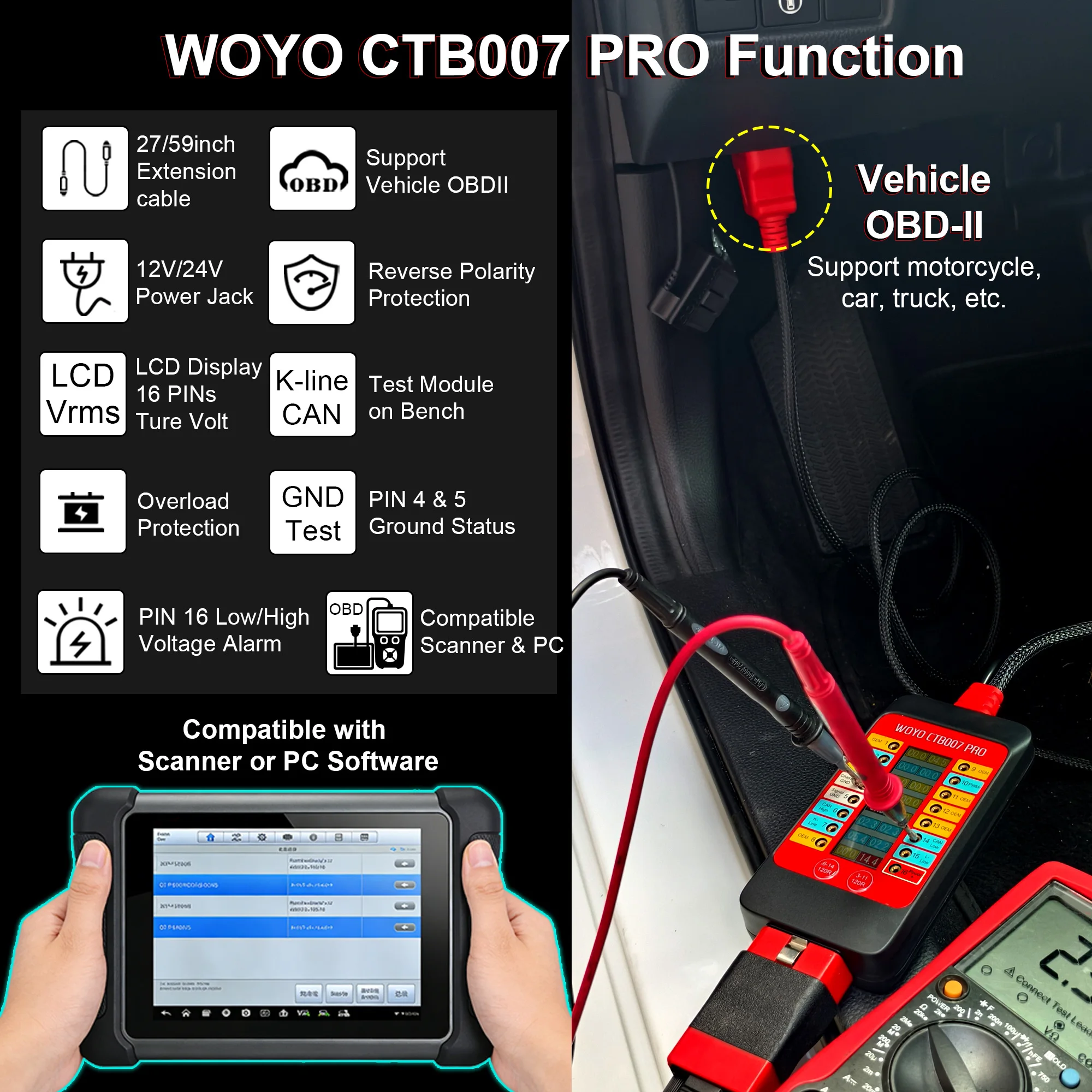 WOYO CTB007 PRO OBD2 Breakout Box with LCD Digital Vrms Display, ECU Testing Tool on Bench, Automotive Diagnostic Tool, CAN Test view 2