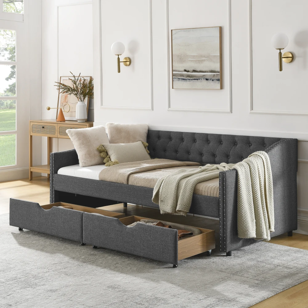 

Twin Size Daybed with Drawers Upholstered Tufted Sofa Bed, Button Back & Copper Nail Waved Arms (81.5''x4''x30.5'')