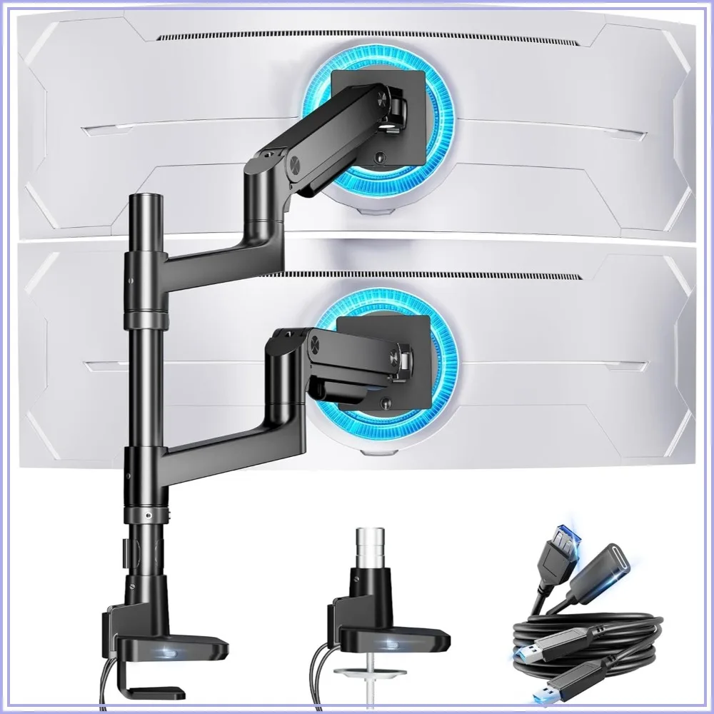 Dual Monitor Arm for Ultrawide Heavy Duty Curved Monitor, Fits 17-49 Inch, Vertical Gas Spring Double Monitor Stand with USB, Adjustable Desk Mount, Black