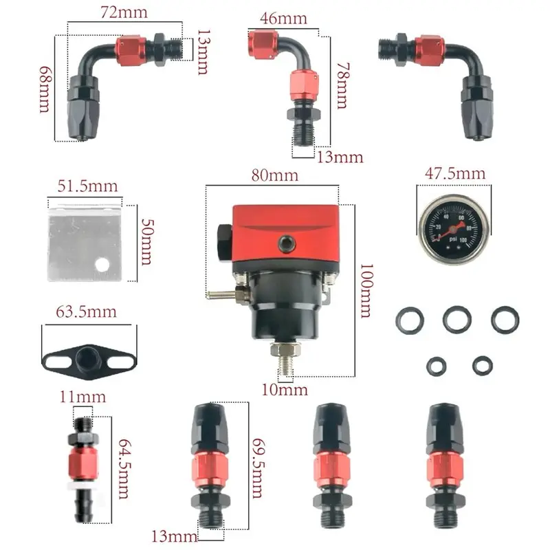 AN6-6AN Adjustable Universal Fuel Line Hose Fitting Connector Kit With EFI Fuel Pressure Regulator Pressure Gauge
