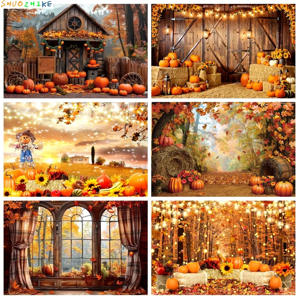 

Fall Thanksgiving Background Wooden Door Barn Autumn Pumpkin Maple Leave Sunflower Halloween Decoration Photography Backdrop