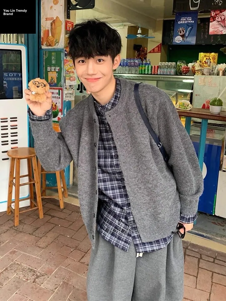 

Deep ey Plaid Splicing Open Cardigan Sweater Men's Sle Lazy Faion Knitted Outerwear American Sle Straight Tube Suit