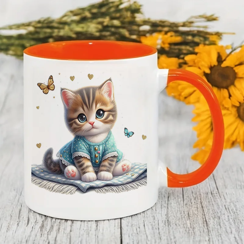 Cute Kitten Print Ceramic Coffee Mug, 11oz 350ml Colorful Print Mug, Personalized Custom Mug, Microwave Safe, Cute Aesthetic Mug