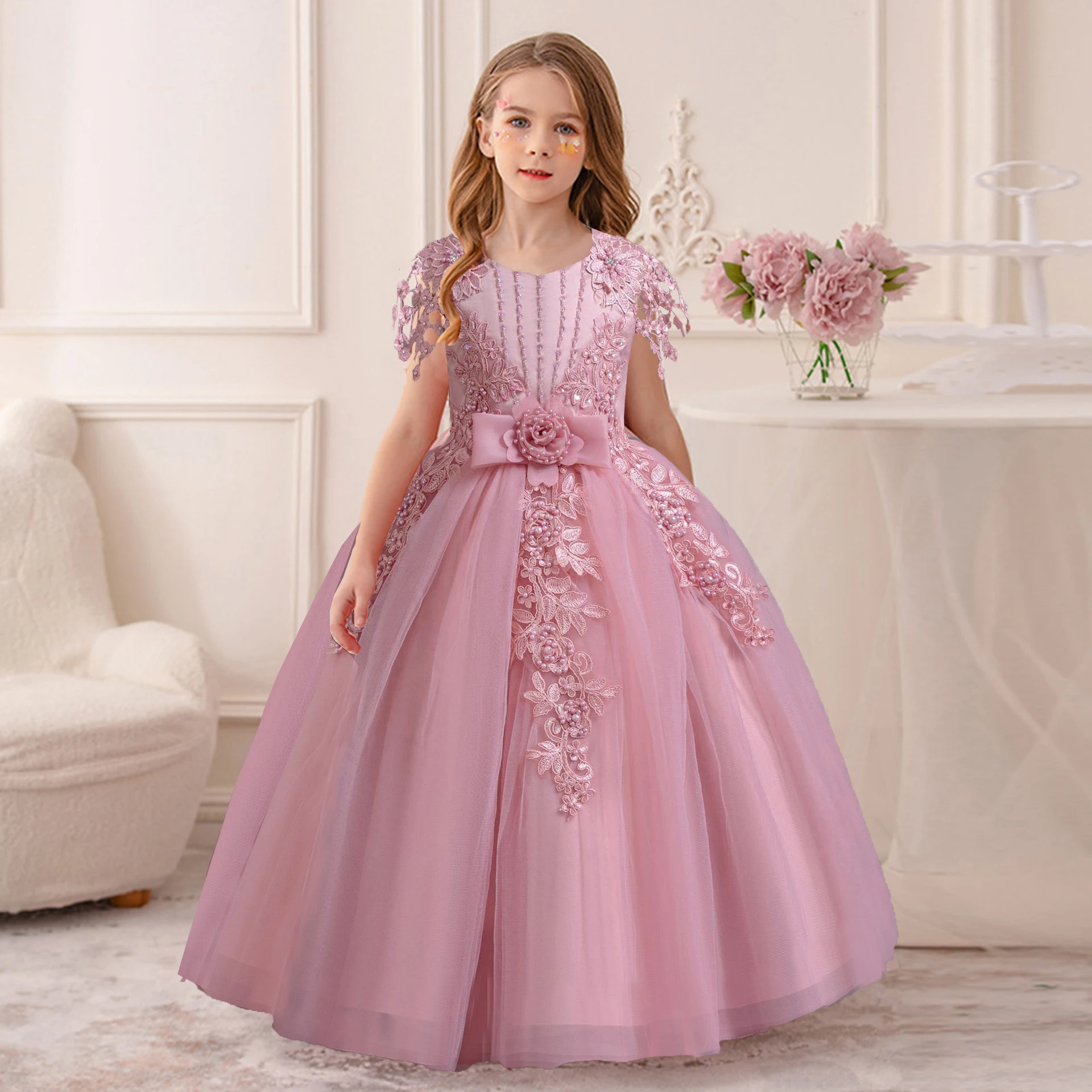 Grace Stylish Little Big Girls Embroidered Bowknot Wedding Flower Girl Birthday Party Pageant Formal Dress AC135