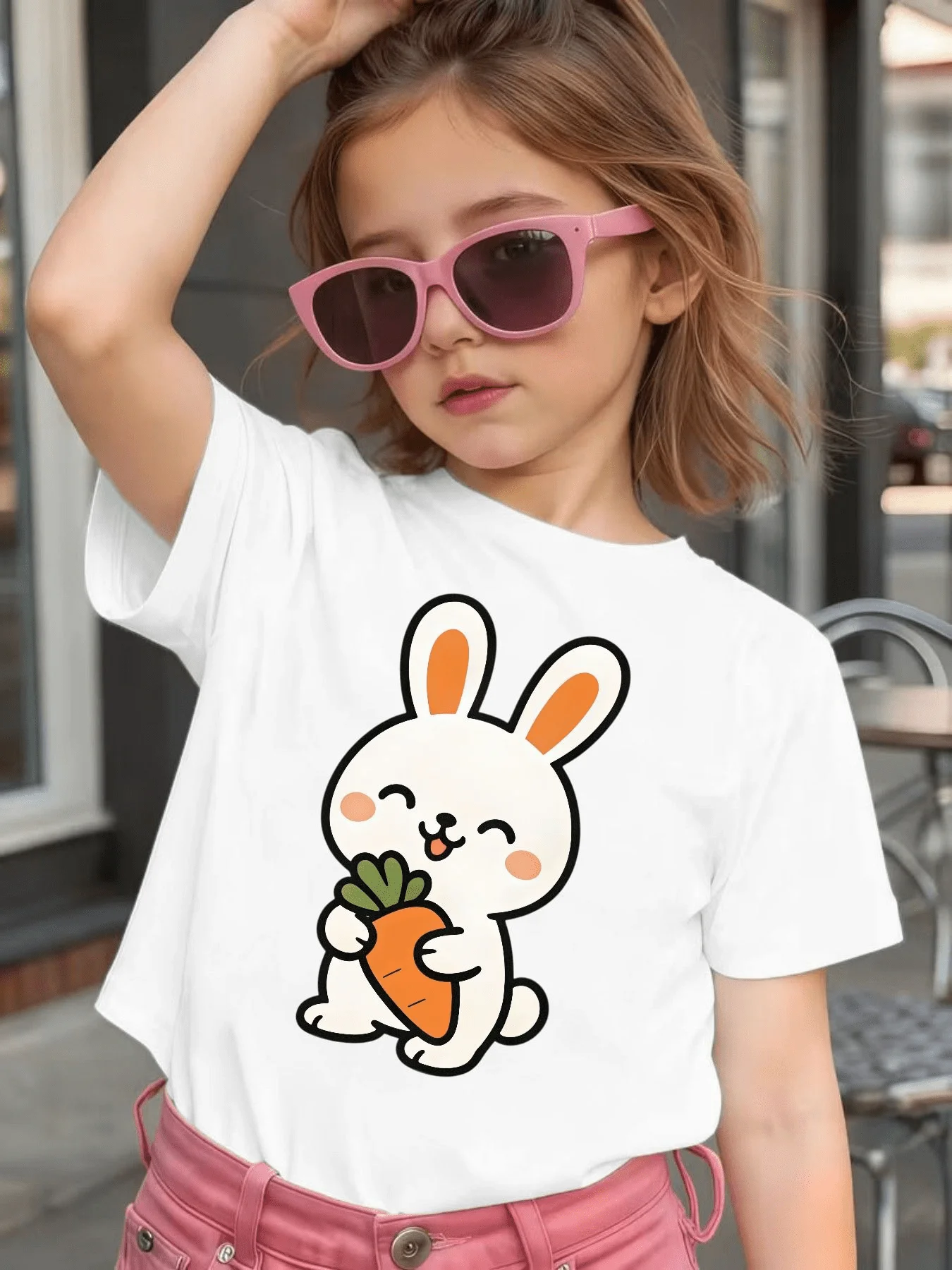 Rabbit Carrot Print Kids T Shirt Cotton Short Sleeve Boys Girls Tee Parent Child Matching Summer Soft Breathable Kids Daily Wear