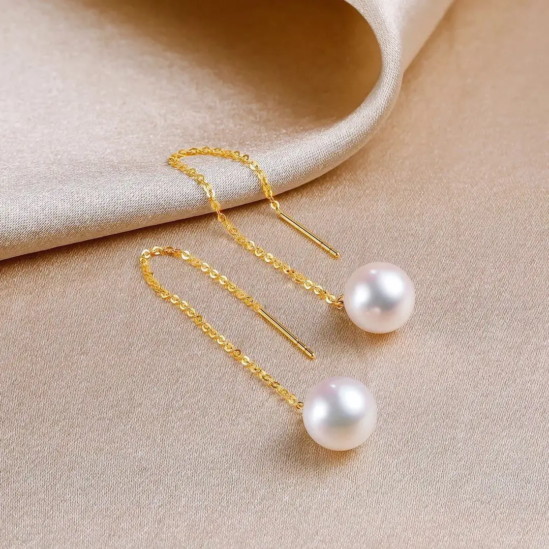 Labb Real 18K Gold Freshwater Pearl Ear Line AU750 Gold Earrings Women's Boutique Jewelry Gift E166