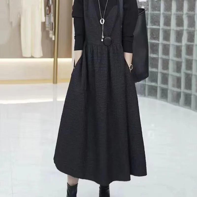 High-end jacquard falso vestido de duas peças outono novo botão de manga comprida temperamento saia de emenda fina