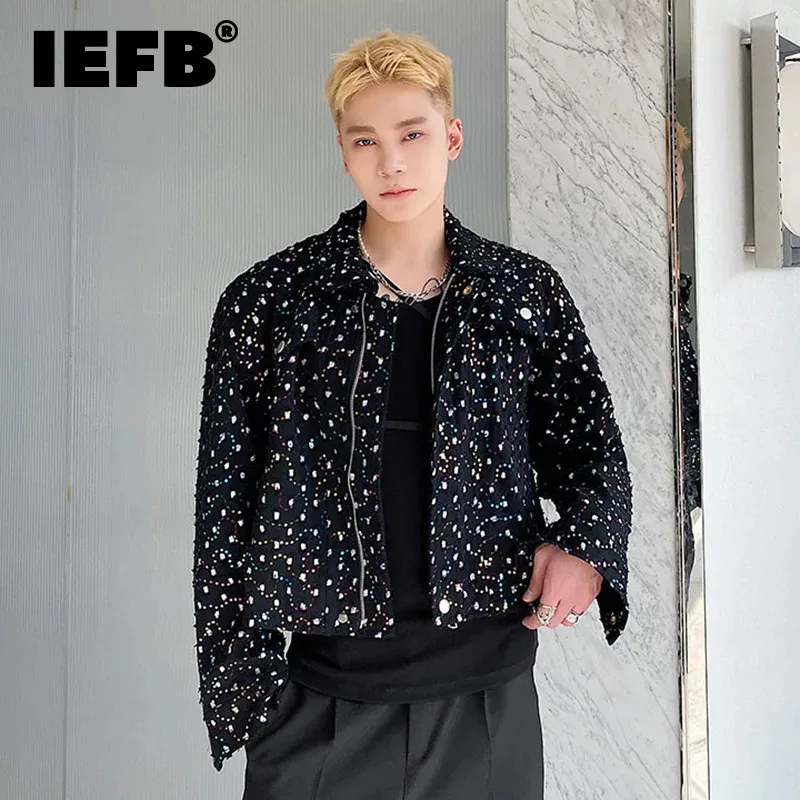 IEFB Personality Embroidery Sequin Short Men's Jacket Trend Korean Desige Lapel 2024 Autumn Casual Turn-down Collar Coat 9A1711