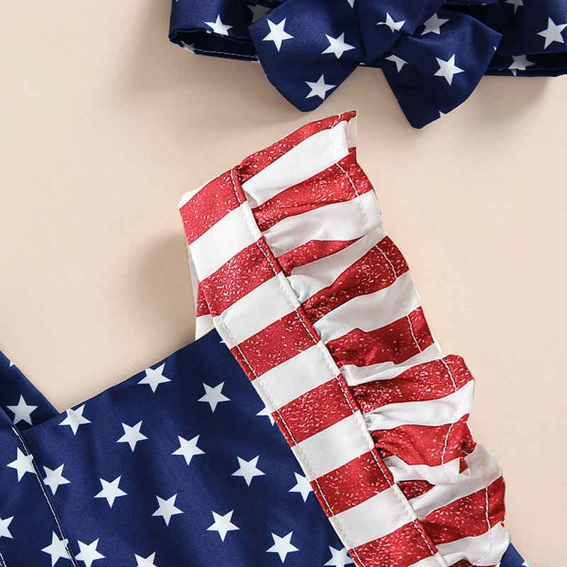 

Baby Girl 4th of July Bodysuits Outfits Sleeveless Backless Ruffle Flag Romper with Headband Set Independence Day Costume