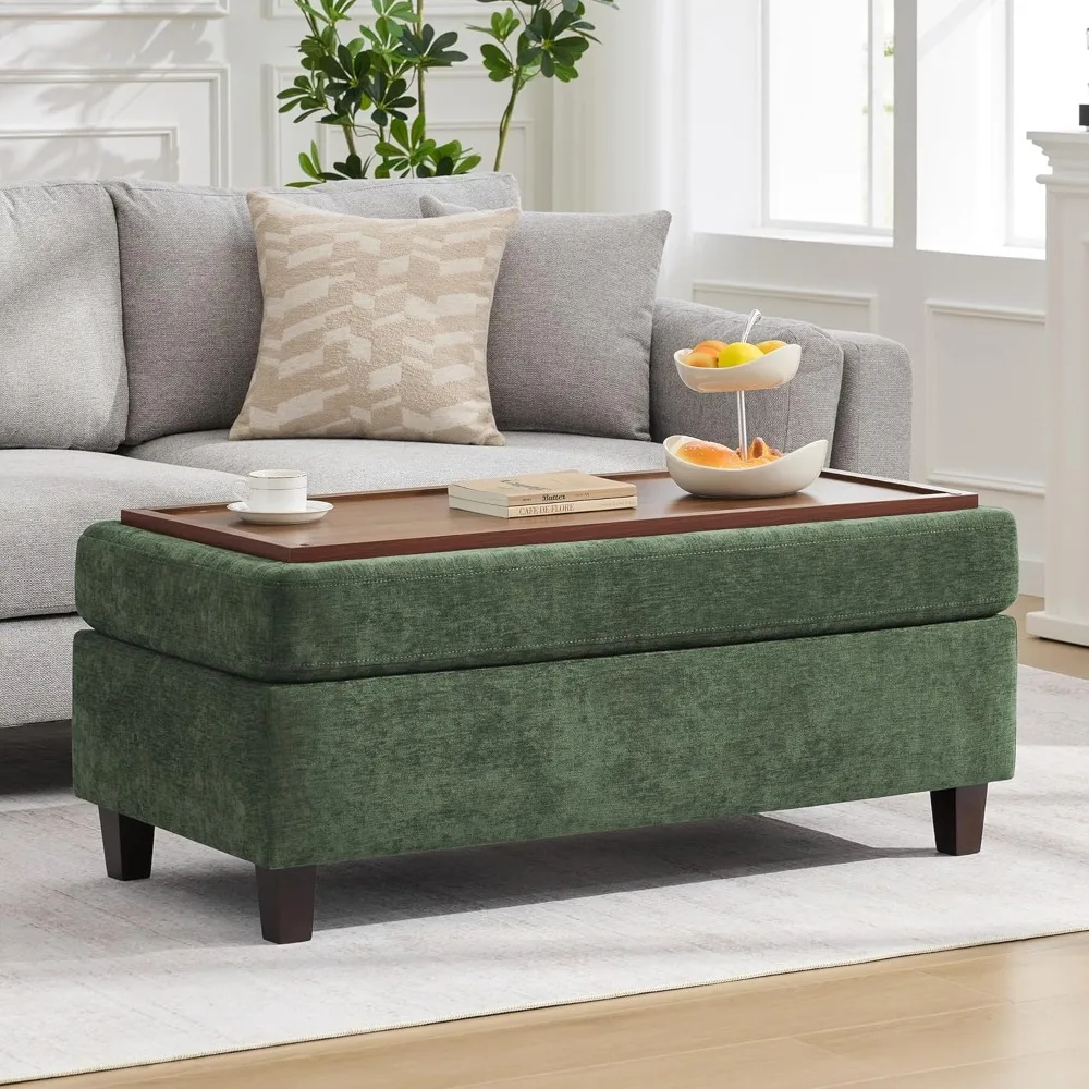 

45 Inch Large Storage Ottoman Bench with Wooden Tray Coffee Table, Green Chenille Upholstered Foot Rest, Customized