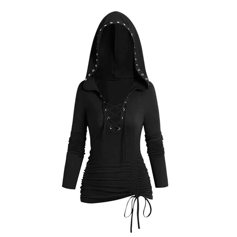 Dressfo New Women's Top Solid Color Lace Up Hoodie Top Grommet Cinched Long Sleeve Top