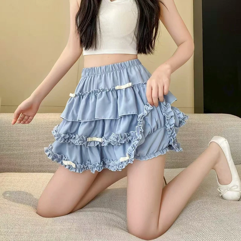 

Women Pleated Sweet Mini Skirt Ball Gown Y2k Clothes Ruffle Bow Elastic Waist Short Cake Skirt Lolita Cute A Line Summer Skirt