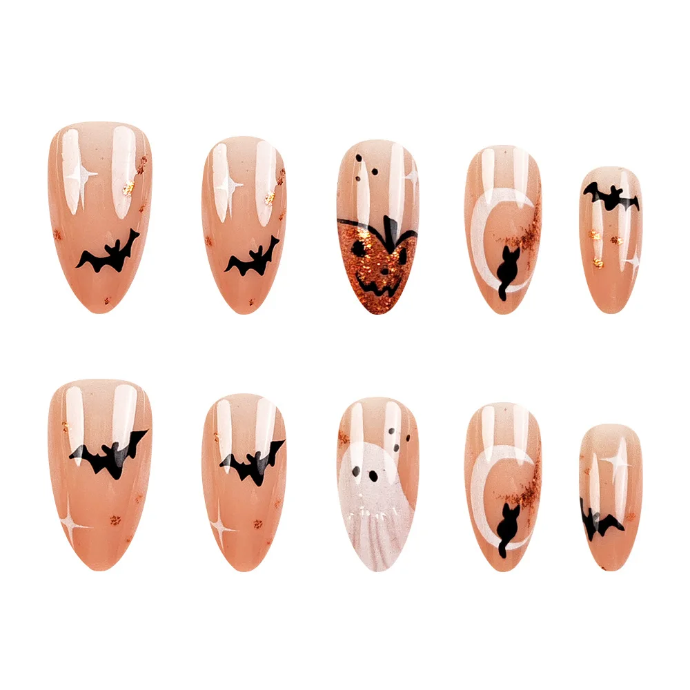 24 pezzi semplice stampa di mandorle sulle unghie carino bianco fantasma pipistrello decorazione unghie finte indossabile riutilizzabile piccante fresco Halloween punte per unghie finte