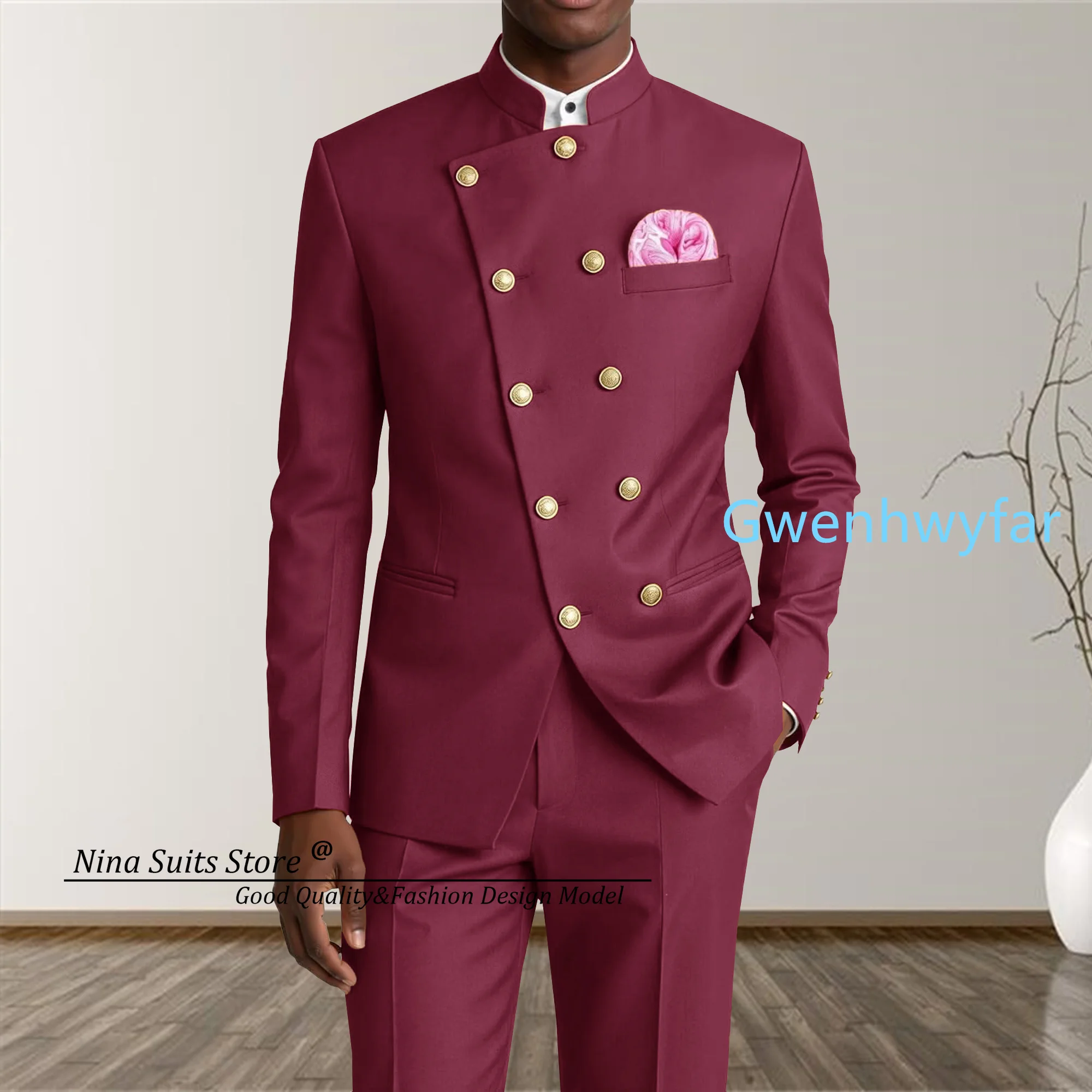G&N 2027 Men's African Style Man Suits Double Breasted Slant Buttoned Elegant Men's Party Jacket And Pants Burgundy White Navy