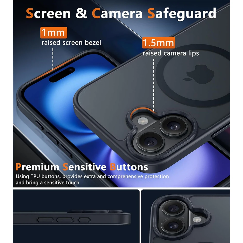 Custodia per iPhone 16 Custodia MagSafe compatibile con il telaio della fotocamera in metallo Custodia a calamita Protezione dei bordi in TPU