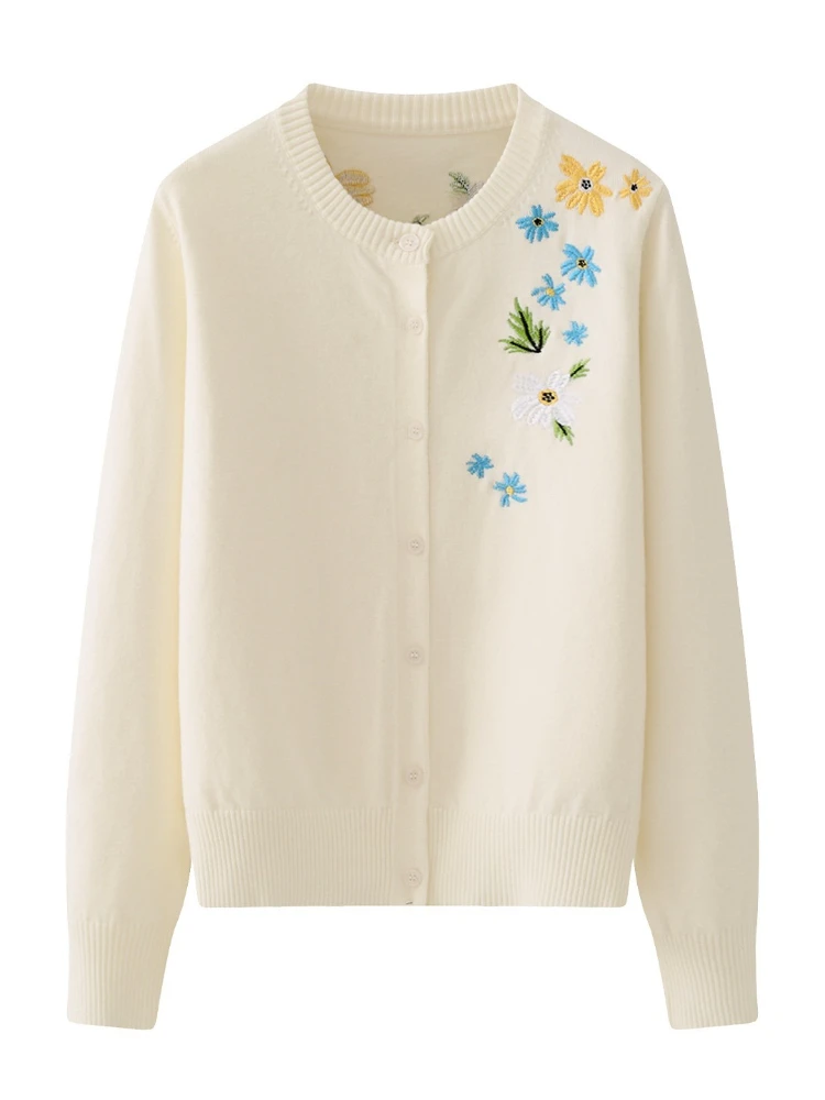 Soft Slouchy Coat Women's Fashion Versatile Flower Embroidered Knitted Sweater New Single Breasted O-Neck Long Sleeve Cardigan