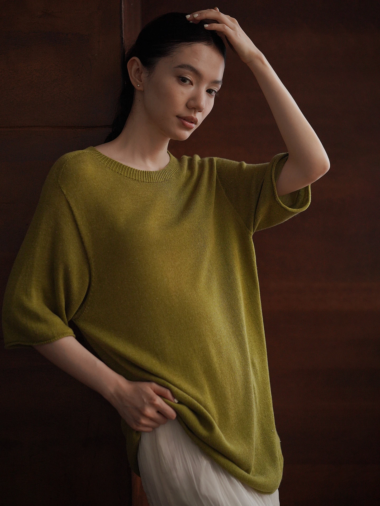 Hacikis Miss Transparent Tea Fragrance Lenzing Linen Blend Lightweight Loose round Neck Short Sleeve Knitted Top Casual Style
