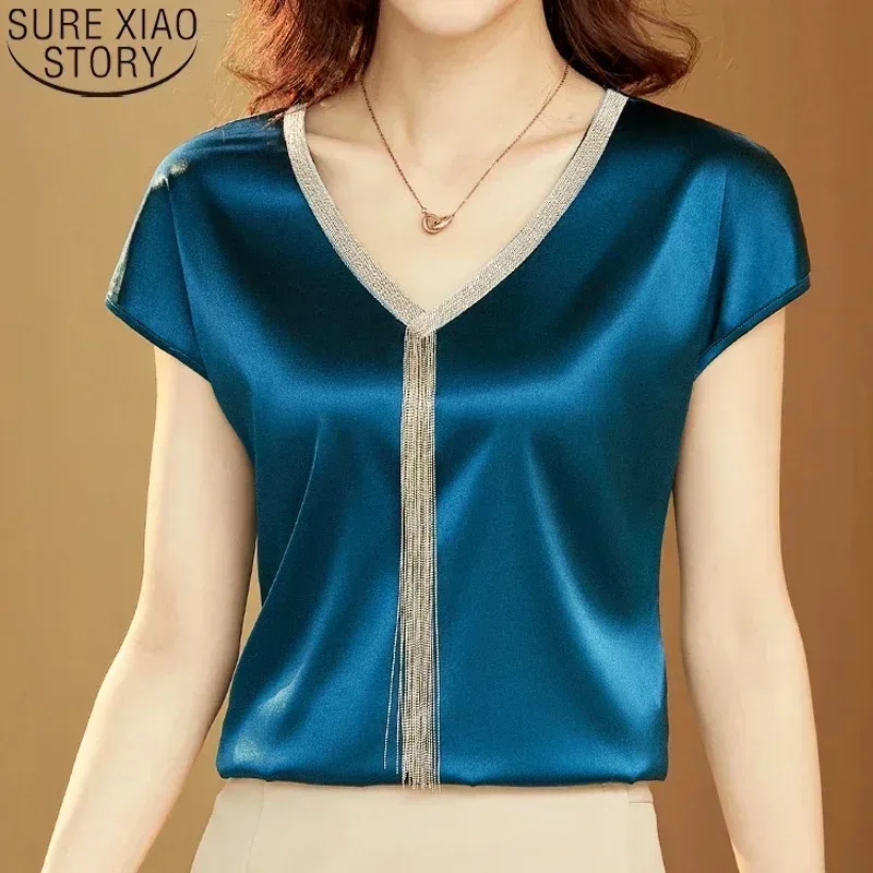 Women\'s Casual Loose Satin Blouse, Short Sleeve Shirt, Solid Fashion, Tassel, V-neck, Office Lady, Summer Clothes, 15494