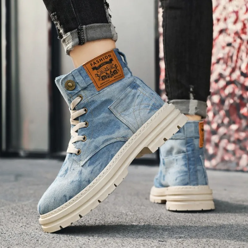 Botas jeans masculinas de cano alto, roupa de trabalho retrô ocidental, botas curtas casuais de tecido respirável, sapatos masculinos, botas de plataforma da moda